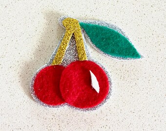 Cherry brooch - cherries brooch - cherry jewellery - fruit brooch - fruit jewellery - fruit gift - felt brooch - glitter jewellery