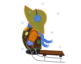 AccuQuilt Sledding Overall Sam single applique embroidery design. Instant download now available. Hoop size 7” X 9.5”.