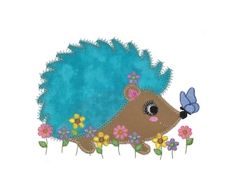 Hedgehog Flowers applique design. Instant download available. Hoop size is 5” X 6”.