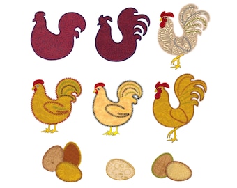 AccuQuilt Folk Art Fowl applique embroidery design set. Instant download now available. Hoop size is 6" X 8" or larger.