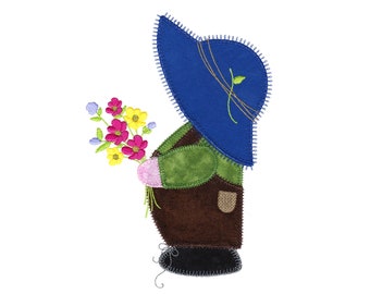 AccuQuilt Overall Sam with flowers appliqué embroidery design. Instant download available. Hoop size is 5” X 9”.