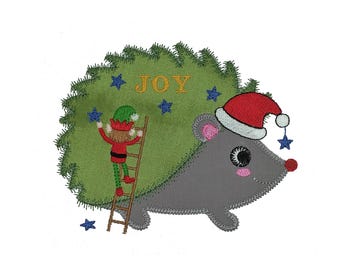 Hedgehog Christmas applique design. Instant download available. Hoop size is 5” X 6”.