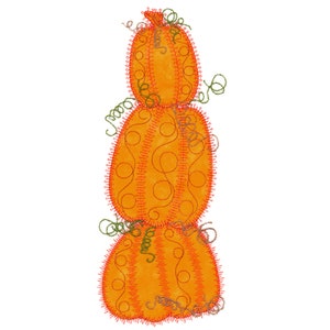 May include: A stack of three orange pumpkins with green stems and intricate stitching details. The pumpkins are arranged in a tower shape, with the largest pumpkin at the bottom and the smallest pumpkin at the top.