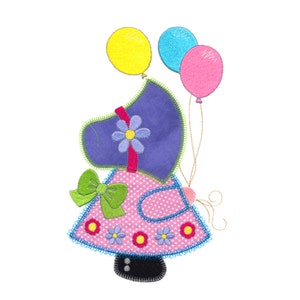 AccuQuilt Balloon Sunbonnet Sue applique embroidery design. Actual design size is 6&quot; X 10.  Instant download now available.