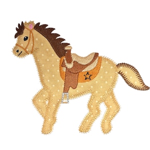 Horse with saddle applique machine embroidery design. Instant download available. Hoop size is 5” X 6”.