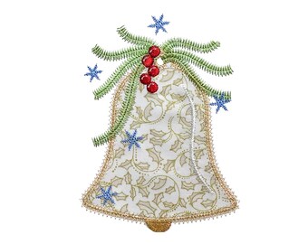 Christmas Bell applique design. Instant download available. Hoop size is 5” X 7”.