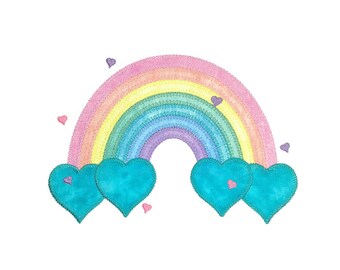 Rainbow Hearts applique design. Instant download available. Hoop size is 6” X 9”.