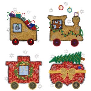 AccuQuilt Christmas Train applique embroidery design set. Instant download now available. Hoop size is 7” X 8” or larger.