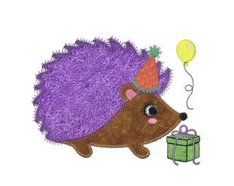 Hedgehog Party applique design. Instant download available. Hoop size is 5” X 6”.