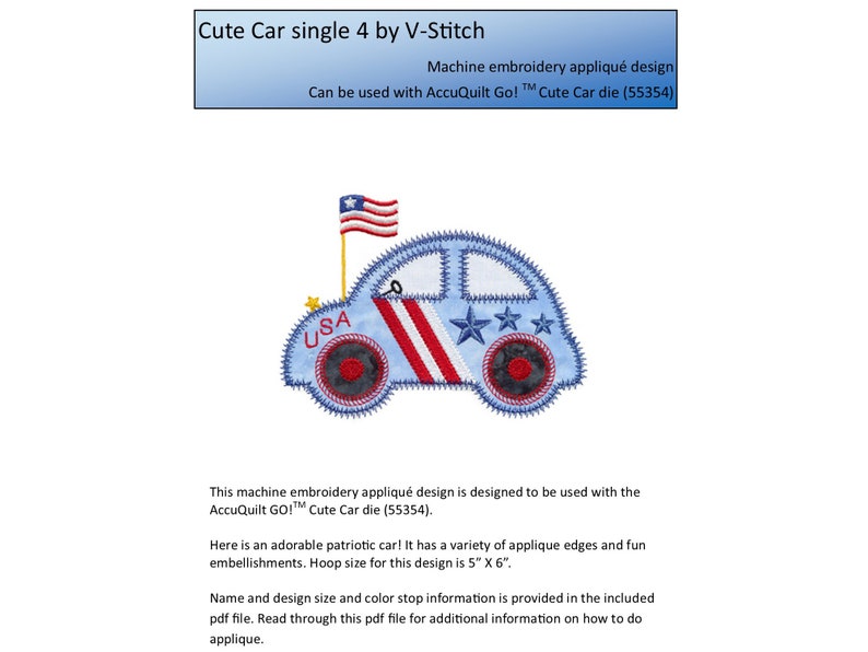 AccuQuilt Cute Car 4 applique embroidery design. Actual design size is 6 X 5. Instant download now available. image 2