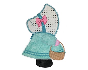 Sunbonnet Sue with Basket applique design. Instant download available. Hoop size is 6” X 8”.