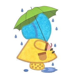AccuQuilt April Showers Sunbonnet Sue applique machine embroidery design. Instant download available. Hoop size is 6” X 9”