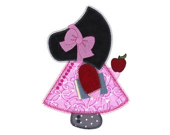 AccuQuilt Back to School Sunbonnet Sue applique embroidery design. Instant download available. Hoop size is 6” X 8”.