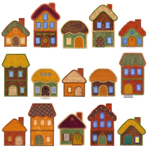 Puede incluir: Una colección de casas coloridas de estilo patchwork con varios diseños de tejados y arreglos de ventanas. Las casas presentan una variedad de colores, incluyendo naranja, verde, marrón y azul, con detalles cosidos. Algunas casas tienen el texto "HOME SWEET HOME".