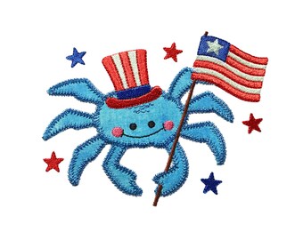 Patriotic Crab applique design. Instant download available. Hoop size is 5” X 6”.