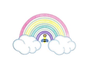 Rainbow Queen Bee applique design. Instant download available. Hoop size is 6” X 9”.