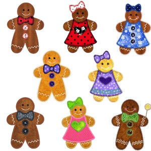 May include: Eight gingerbread people with different colored clothing and accessories. The gingerbread people are all smiling and have brown eyes. They are all wearing different colored clothing and accessories, including a red bow tie, a blue bow tie, a purple bow tie, a green bow tie, a red dress with white polka dots, a blue dress with white snowflakes, a purple dress with white polka dots, and a pink dress with a green heart.