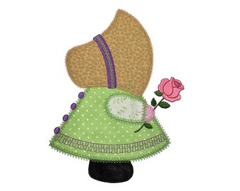 Sunbonnet Sue with Rose applique design. Instant download available. Hoop size is 6.25” X 8”.