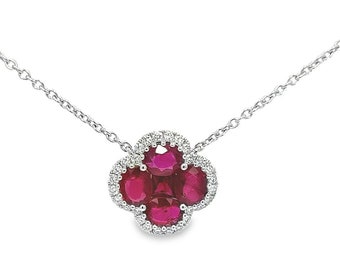 2.14CT Rubies Flower Necklace Diamond, set in 18K White Gold