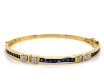 Channel Set Princess Cut Square Sapphire and Diamond Pavé Bangle in 18K Yellow Gold - Made in The USA