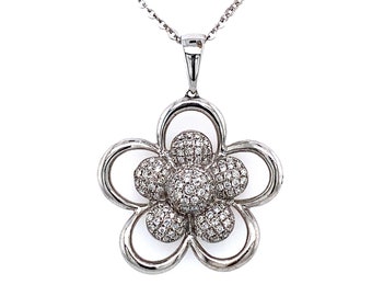 Unique Flower Shaped Diamond and 18K White Gold Pendant with 16" Chain - Made in The USA - Last Chance Clearance