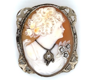 Vintage Cameo in 14K White Gold with Diamonds - Convertible Pendant Brooch Pin - Last Chance Clearance