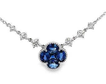 1.19CT Sapphire Flower Necklace Diamonds, set in 18K White Gold