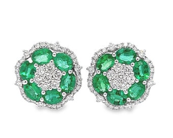 2.33CT Total Weight Emeralds & Diamonds Flower Shape Earrings in 18K White Gold