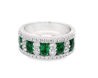 Late- Victorian Style Emerald and Diamond Ladies Ring in 18K White Gold