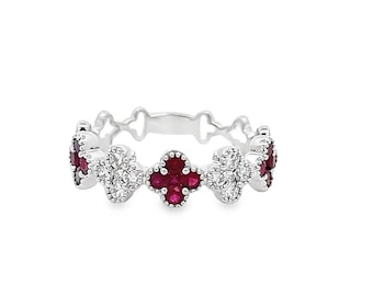 Ruby, Sapphire and Emerald with Diamonds Flower-Shape Ladies Rings Set in 18K White Gold