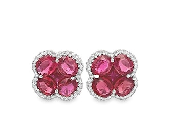 3.95CT Total Weight Rubies & Diamonds Flower Shape Earrings in 18K White Gold