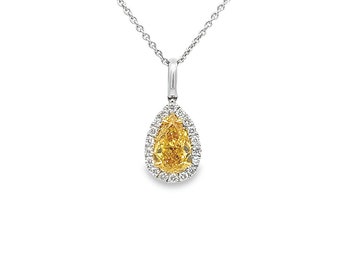 1.09CT Total weight Fancy Vivid Orangy Yellow Pendant Necklace, set in 18kyw GIA