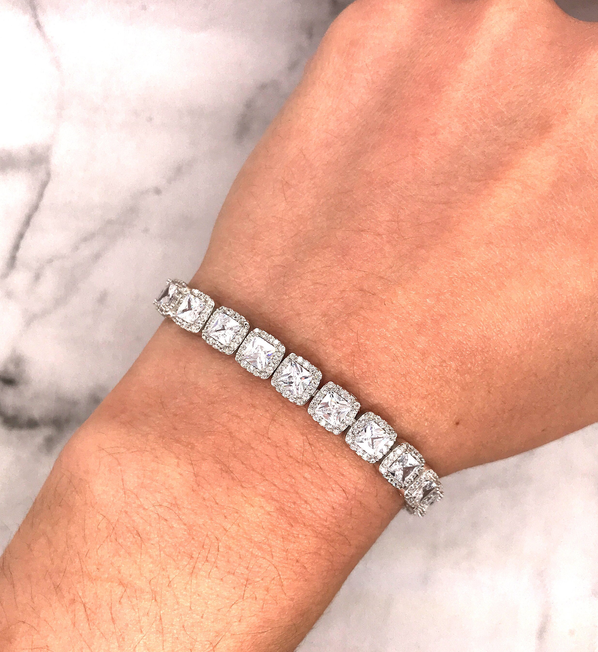 Sterling Silver Halo Tennis Bracelet Princess Cut CZ Crystal Etsy New