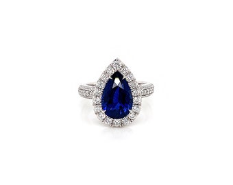 5.96 Total Carat Sapphire and Diamond Halo Pave-Set Ladies Engagement Ring GIA