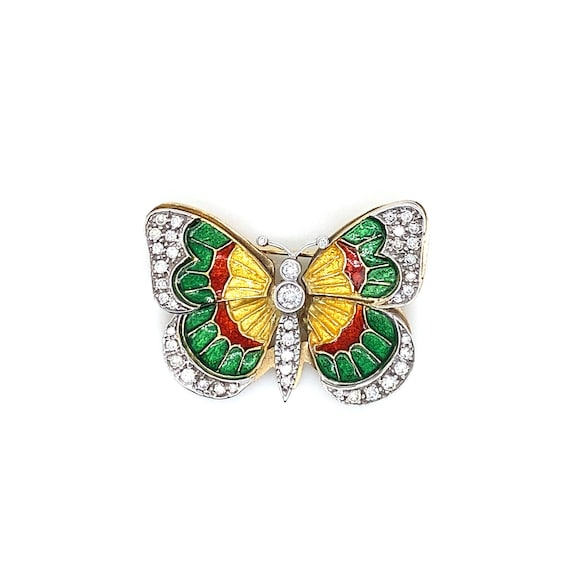 Vintage Gold, Diamond, and Enamel Butterfly Brooc… - image 1