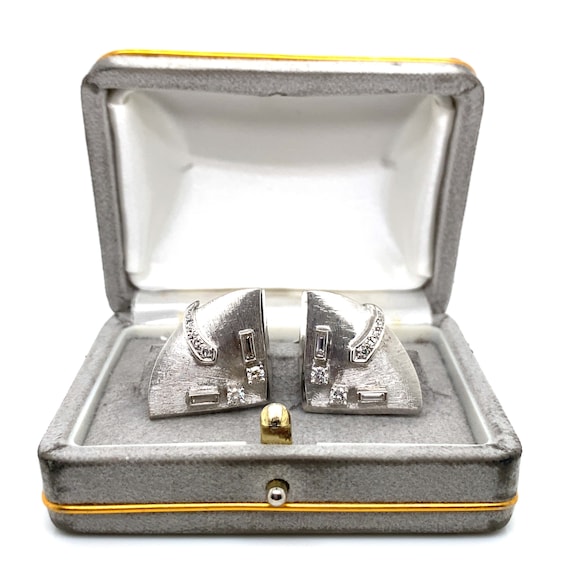 Vintage Abstract 14K White Gold and Diamond Cuffli