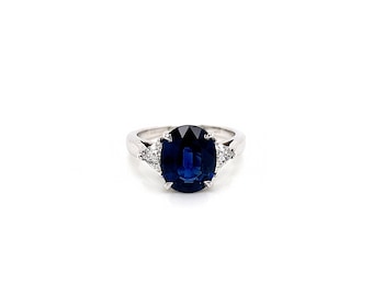 4.75 Total Carat Sapphire and Diamond Three Stone Ladies Ring GIA