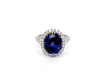 7.50 Total Carat Sapphire and Diamond Halo Pave-Set Ladies Ring, GIA Certified