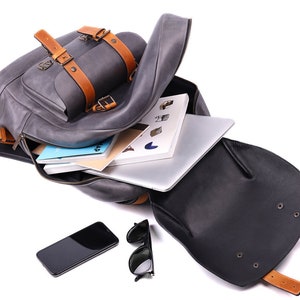 Gray Leather Laptop Backpack, Work Book Bag image 3