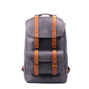 Gray Leather Laptop Backpack, Work Book Bag image 1