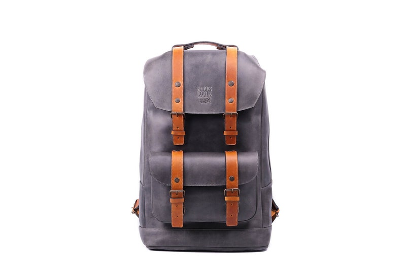 Gray Leather Laptop Backpack, Work Book Bag image 1