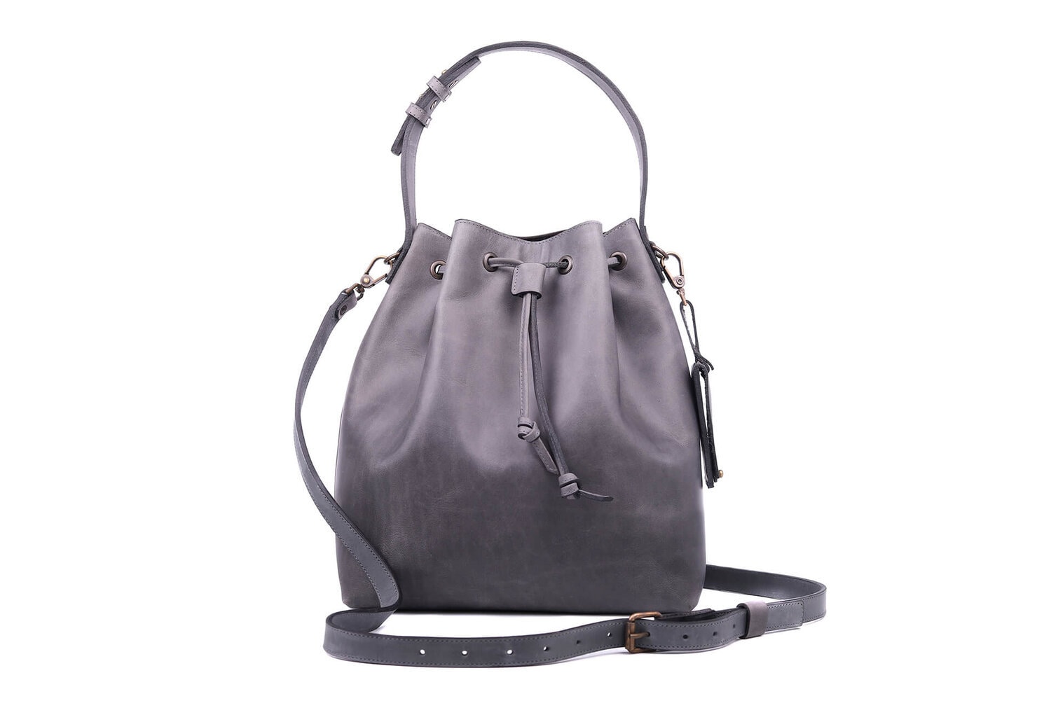 Women s Gray Leather Bucket Bag Crossbody Handbag Etsy