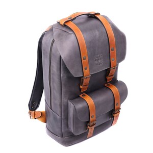 Gray Leather Laptop Backpack, Work Book Bag image 2