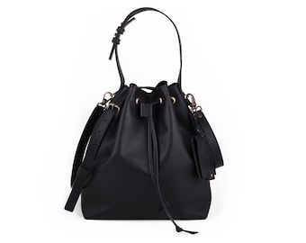 Women's Black Leather Bucket Bag, Crossbody, Handbag