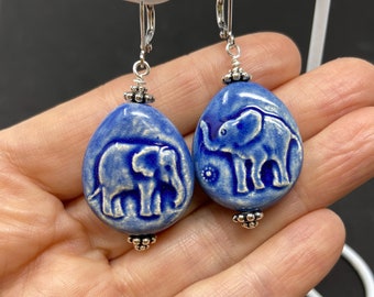 blue elephant earrings made from Fair Trade ceramic Claycult beads, gift for women ladies, leverback close