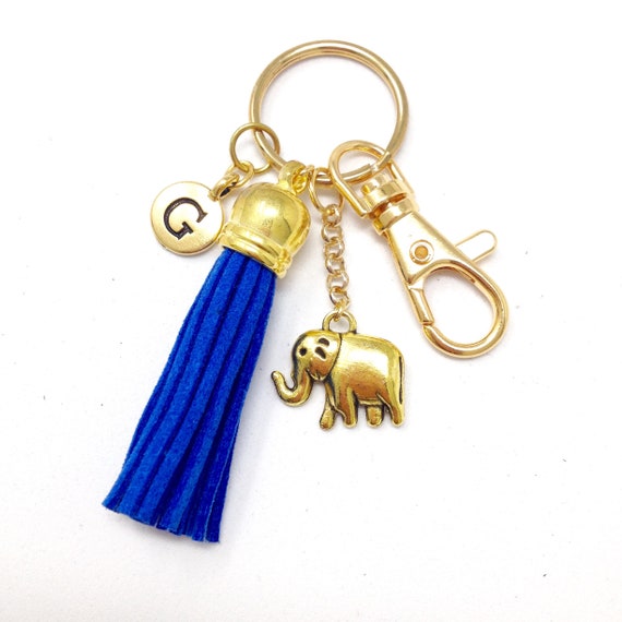 Elephant Keyring Personalized, YOU CHOOSE COLOR of Tassel, Gold Keychain,  Clip, Initial, Elephant Gift, Purse Charm, Non-profit, Heart 