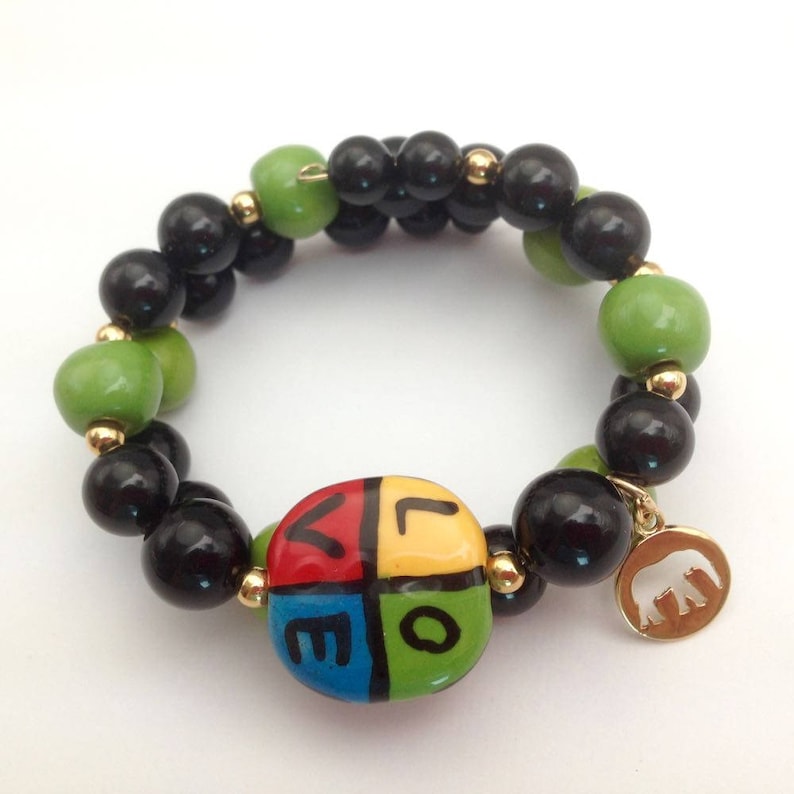 LOVE elephant gift elephant bracelet non-profit Fair Trade Kazuri bead bracelet Kazuri beads green African jewelry Kazuri jewelry