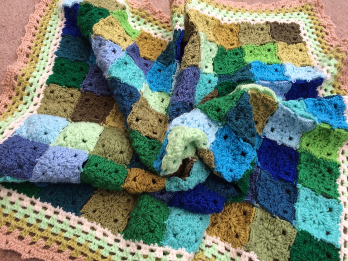 Crochet Unique Baby Boy Cot Blanket With Greens and Blues Etsy Sweden