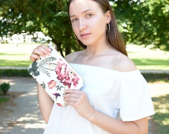 Floral White Burgundy Linen Clutch bag - Romantic, Boho Garden Wedding Purse
