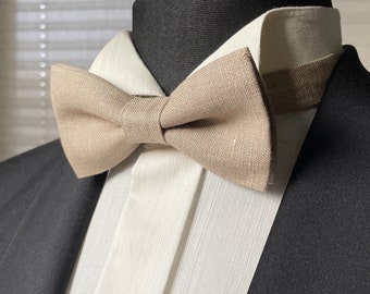 Champagne Groom's Accessory - Wedding Linen Bow tie - Neutral Tan Bowtie - Christening Dad Baby bowtie